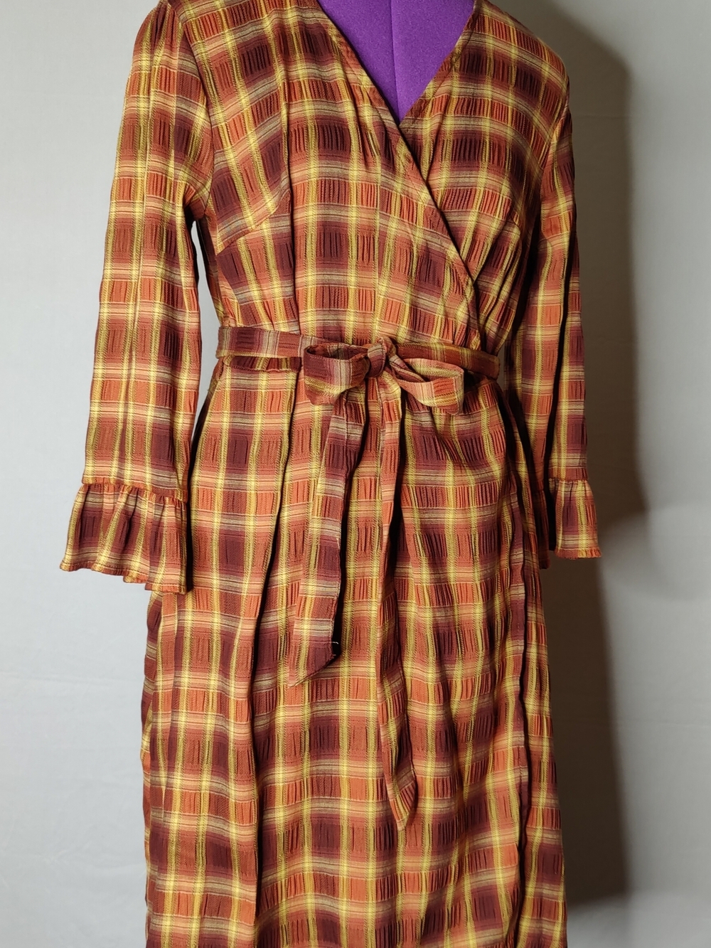 dip Plaid Wrap Midi Dress in Rust and Yellow